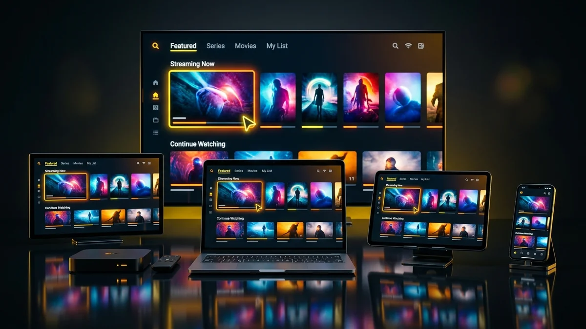 Infographic showing IPTV service compatibility across Smart TVs, Firestick, Android TV, Apple TV, iOS, and PC