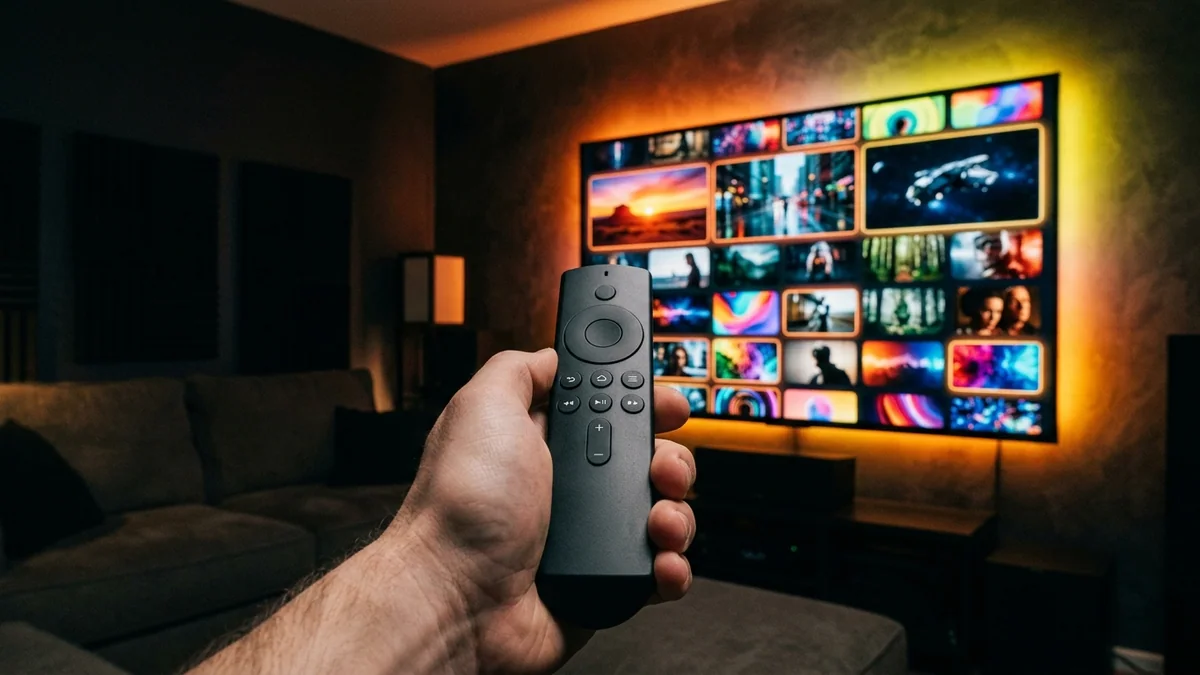 Smart TV streaming remote control pointing to an ultra-thin 4K television with YEAH IPTV live channel interface