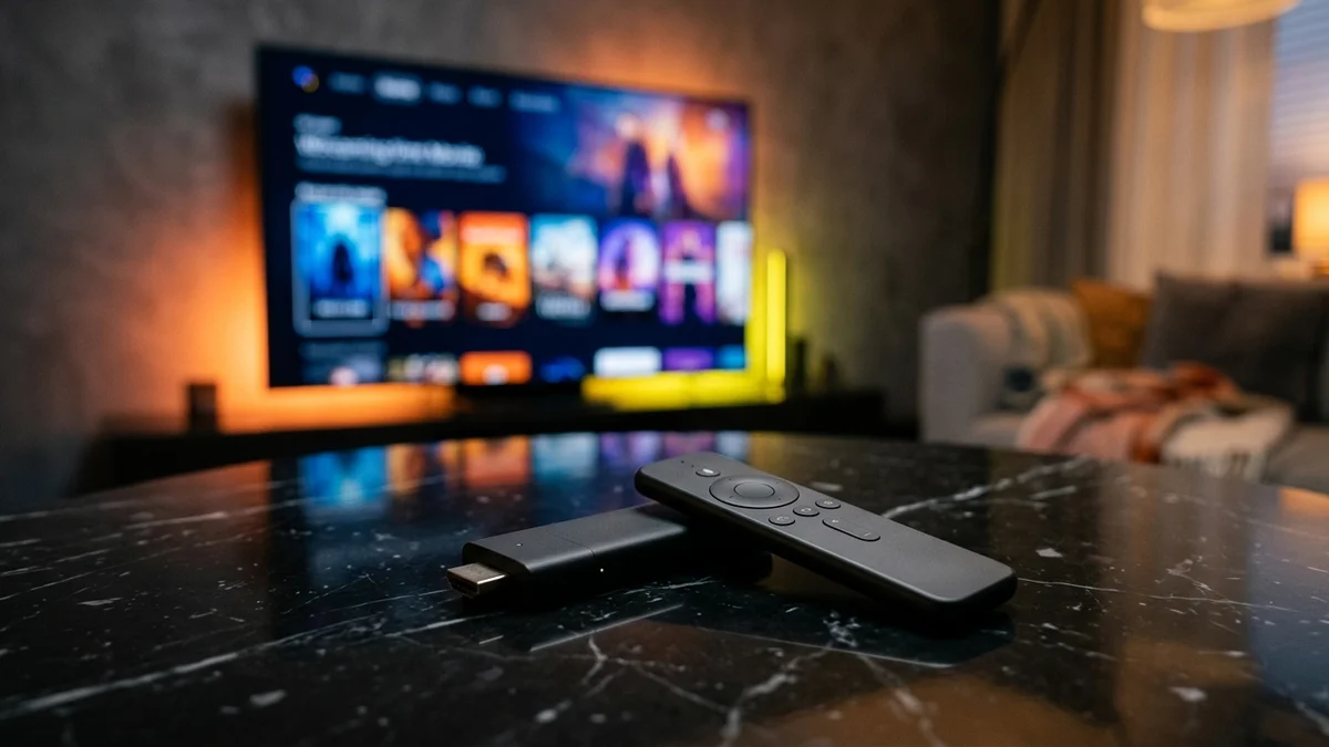 Streaming media stick with remote control and YEAH IPTV setup guide on smart television