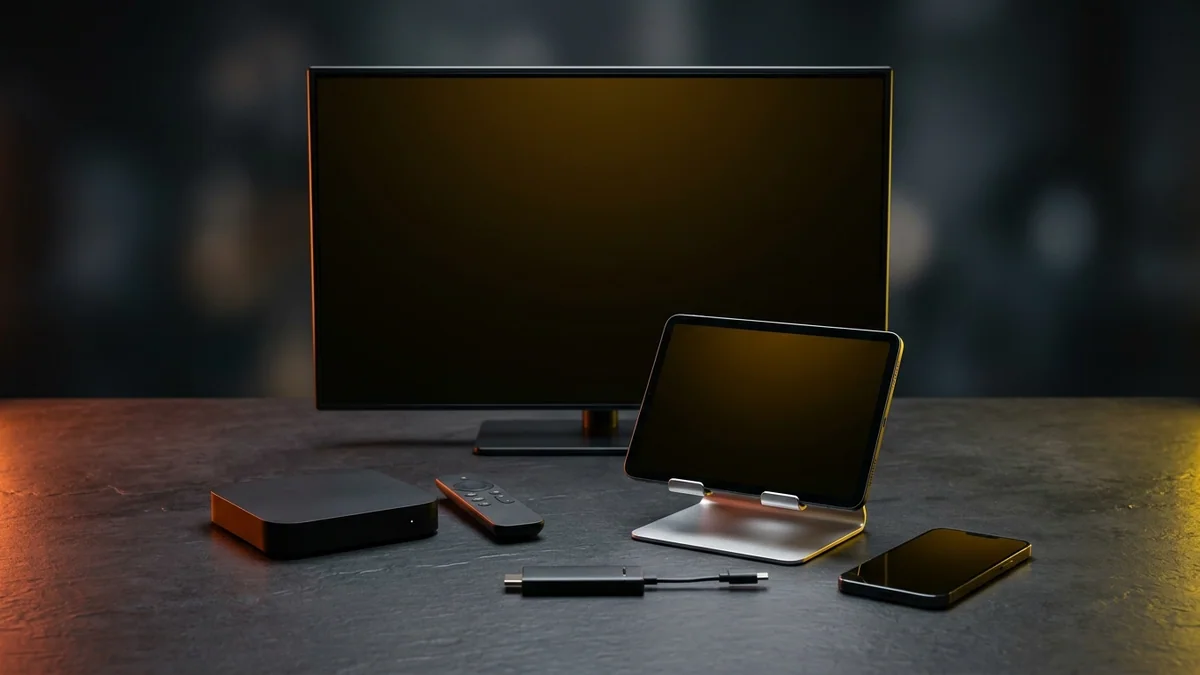 Multi-device IPTV streaming setup displaying synchronized playback across Smart TV, laptop, tablet, and mobile smartphone