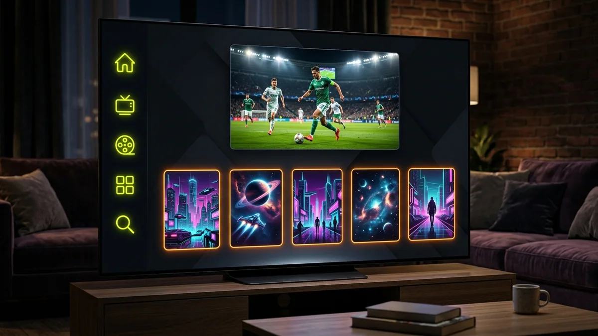 Modern IPTV player interface dashboard on 4K OLED Smart TV with live channel guide and stream quality controls