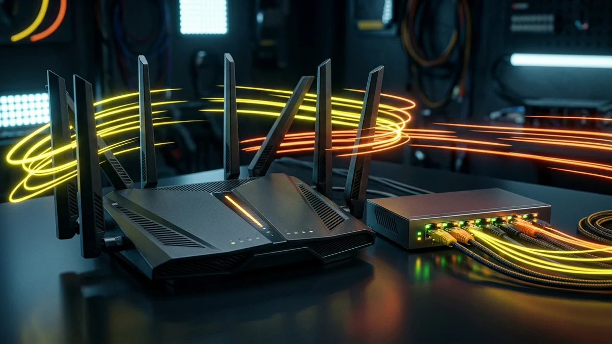 High speed gaming router with Cat7 ethernet cable connected to smart TV for buffer-free sports streaming