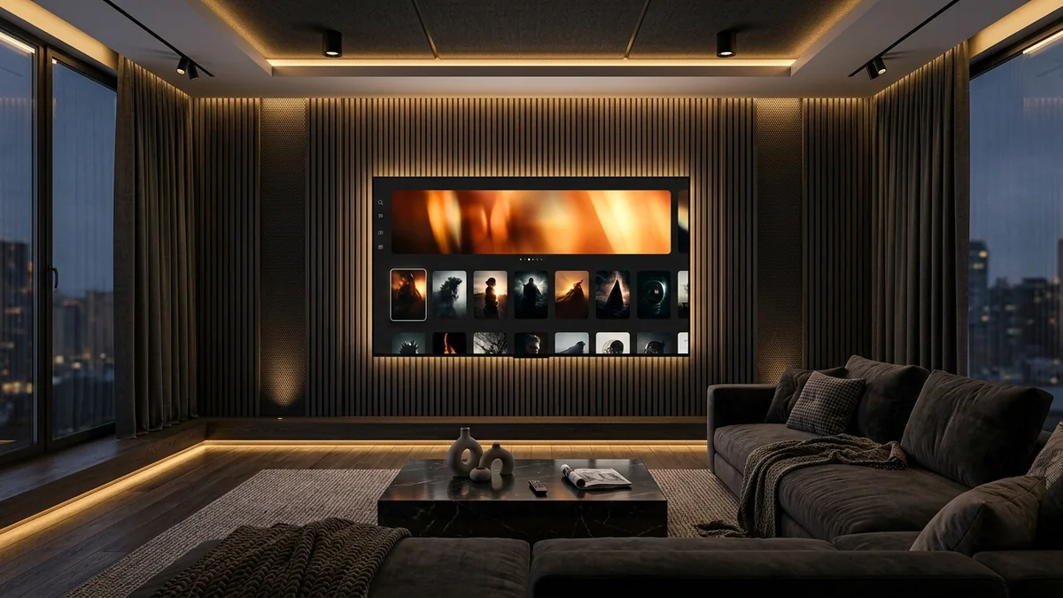 YEAH IPTV media player application interface on a 4K OLED Smart TV displaying live soccer match, electronic program guide, and movie categories